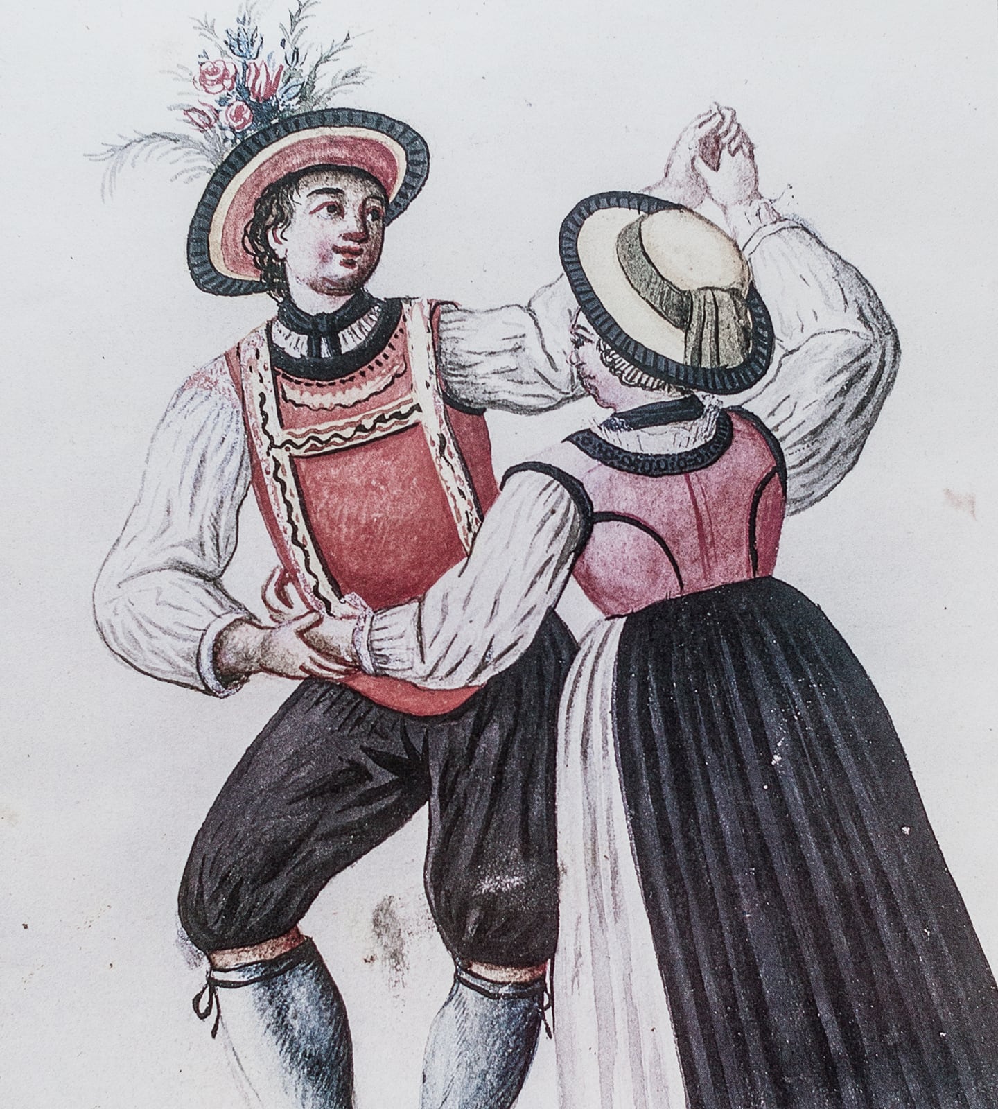 Historische Zeichnung eines tanzenden Paares in traditioneller Tracht mit Hüten.