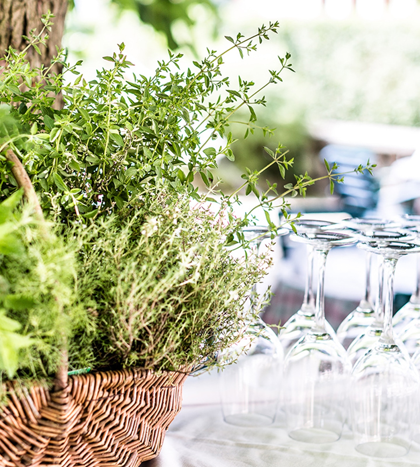 Woven basket filled with fresh green herbs next to upside-down wine glasses on a table.