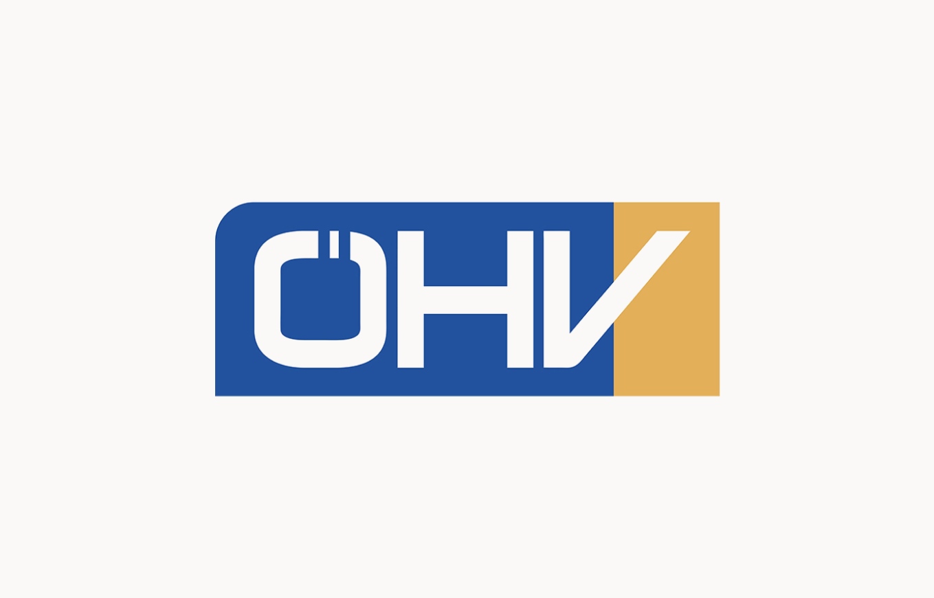 Logo of OHV with white stylized letters on a rectangular blue and gold background.