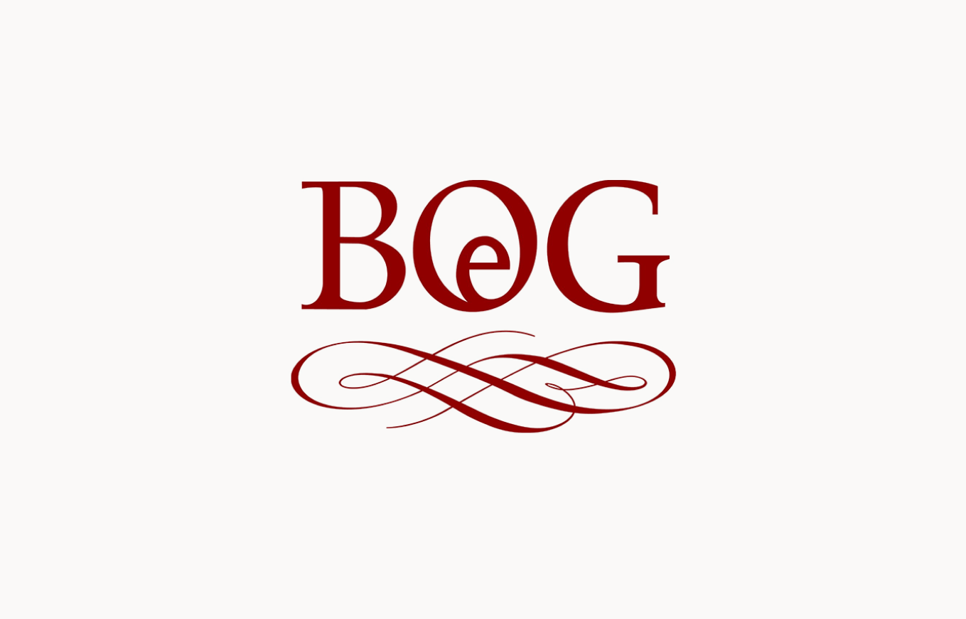 Red monogram of "BeG" with decorative swirls underneath on a white background.